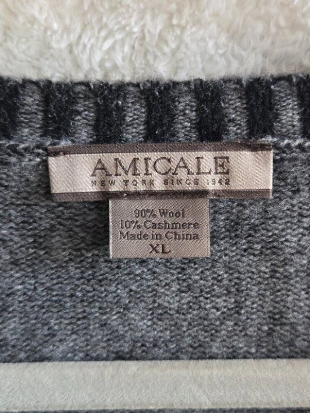 Amicale Wool & Cashmere V-Neck Sweater - Charcoal Gray- Striped Collar and Cuffs - Picture 2 of 5